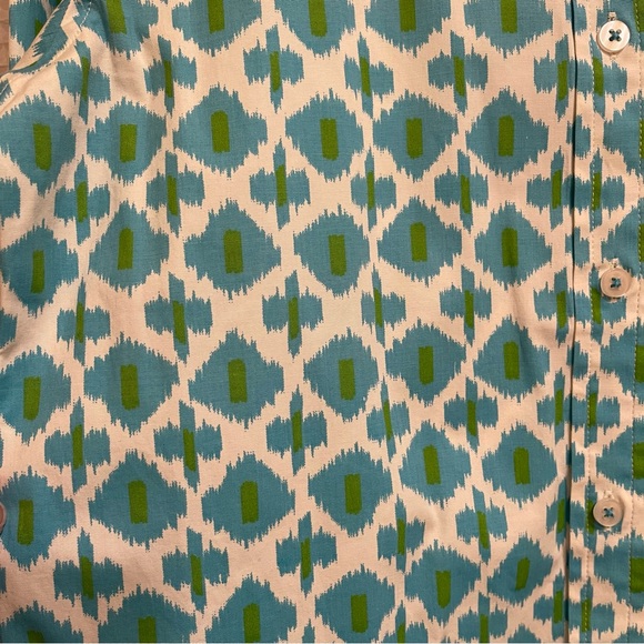 Tizzie Cotton Poplin Ikat Print Turquoise & Chartreuse Button Up Shirt Blouse M - Picture 8 of 8